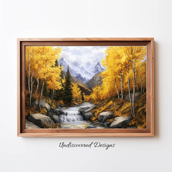 Autumn Golden Aspen Forest Waterfall Mountain Vintage Landscape Art Poster