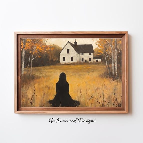 House And Barn Woman In Black Spooky Halloween Art Dcor Wall Vintage Prints Oil Painting