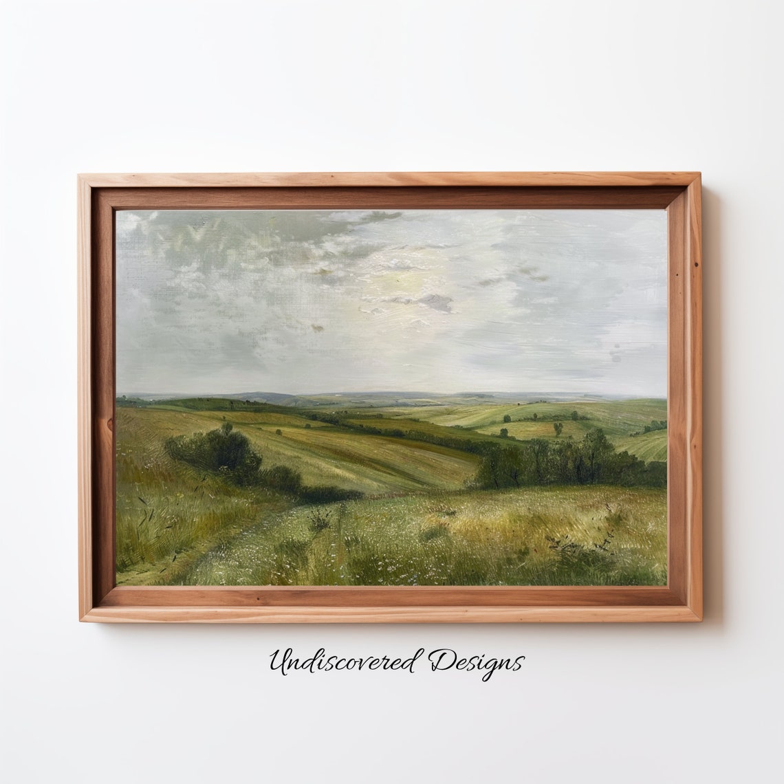 Vintage Rolling Green Pasture Fields Oil Painting Cloudy Sky Poster