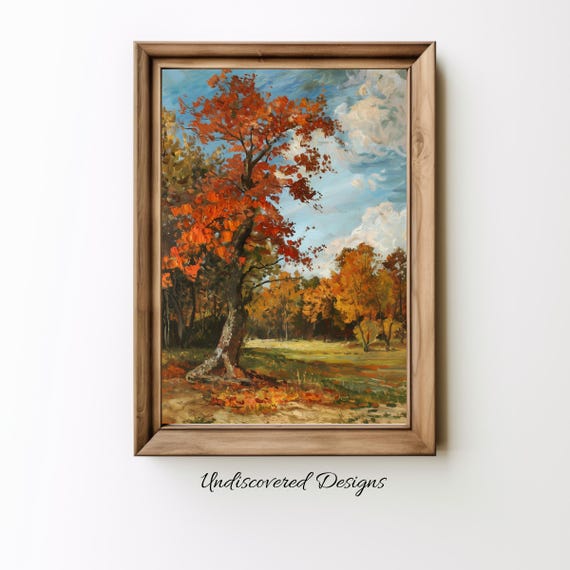 Vintage Oak Tree Fall Landscape Art Print
