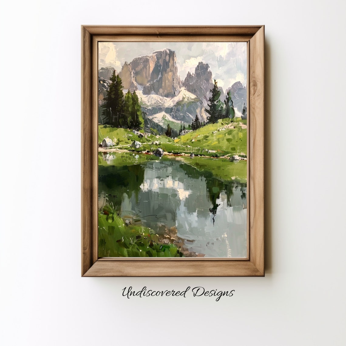 Vintage Italian Alpine Mountains Lake Reflection Oil Painting Poster