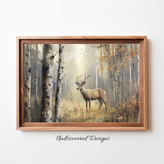 Deer In Woods Art Print Vintage Oil Painting