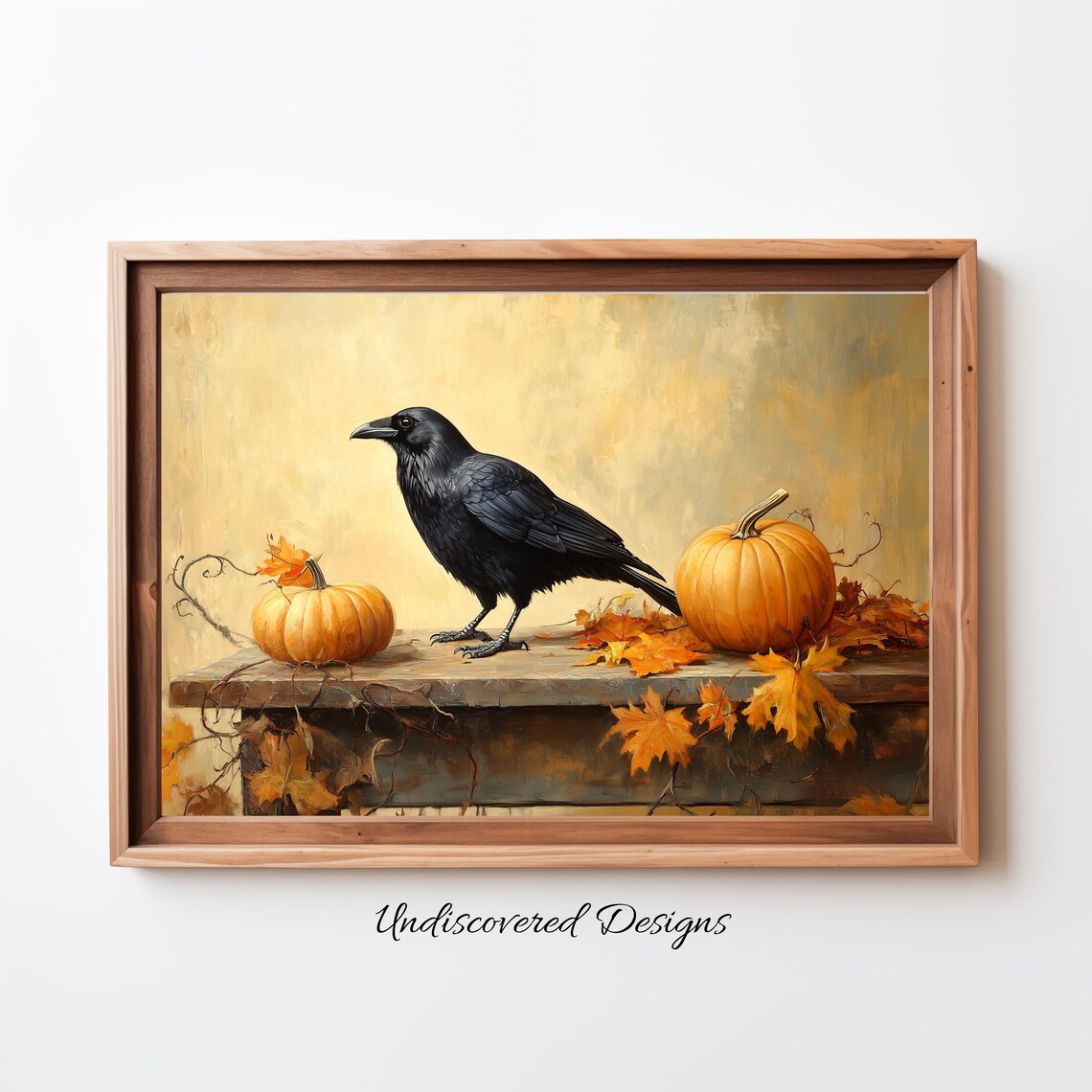 Black Crow and Pumpkins Autumn Still Life Vintage Oil Painting Poster