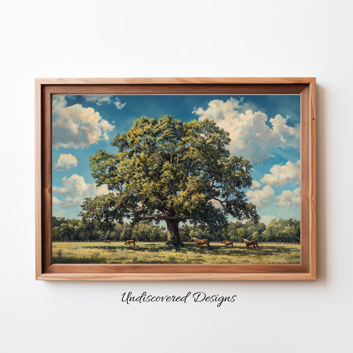 Majestic Vintage Oak Tree With Horses Grazing In Sunny Pasture Poster