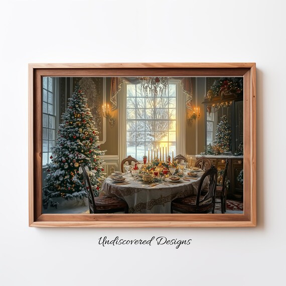 Vintage Christmas Dining Room Oil Painting Holiday Table Poster