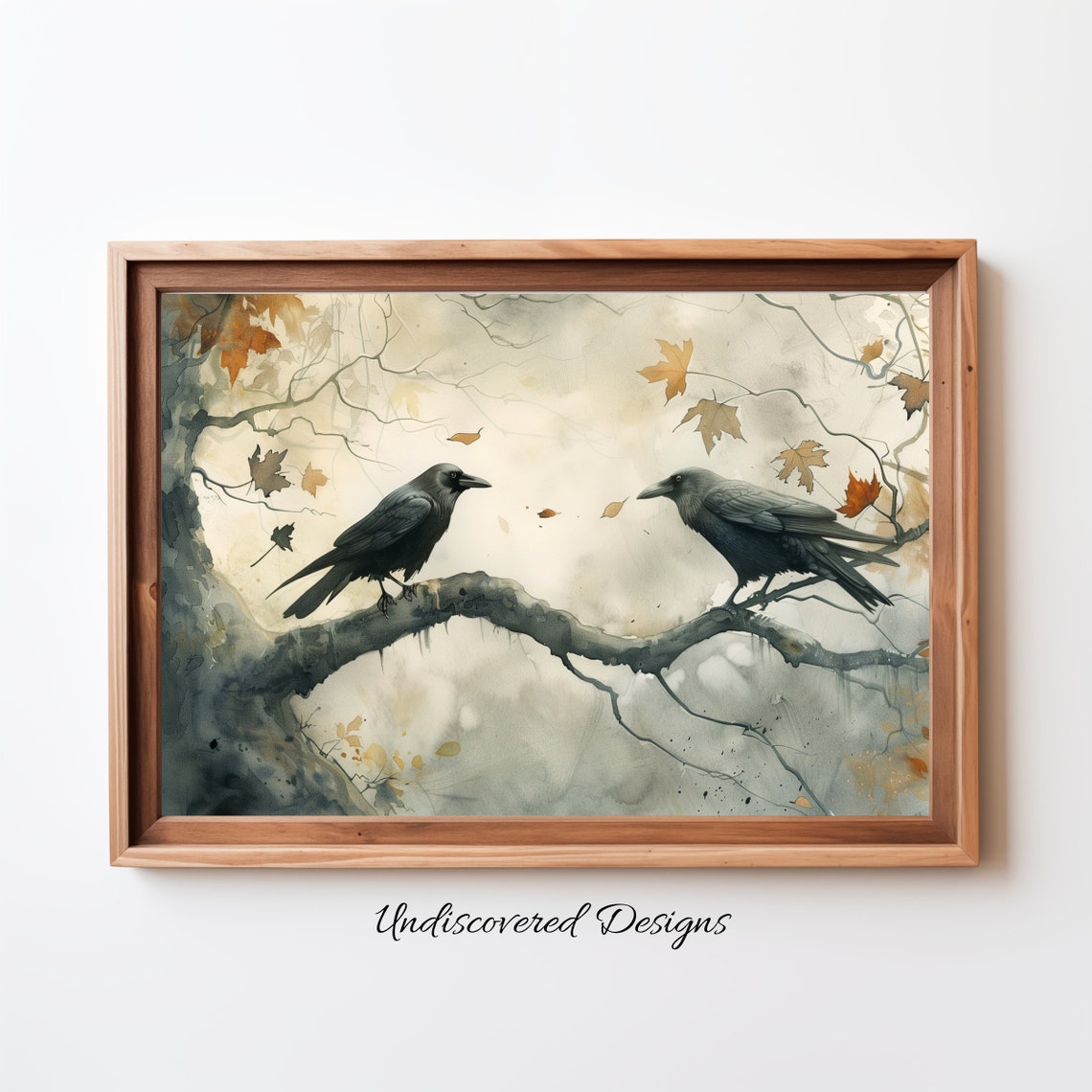 Two Crows Autumn Branch Watercolor Painting Moody Bird Art Poster