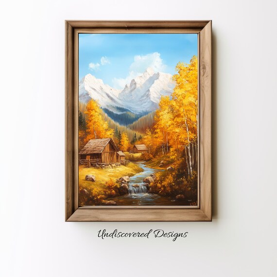 Golden Autumn Aspens and Log Cabin Mountain Oil Painting Poster