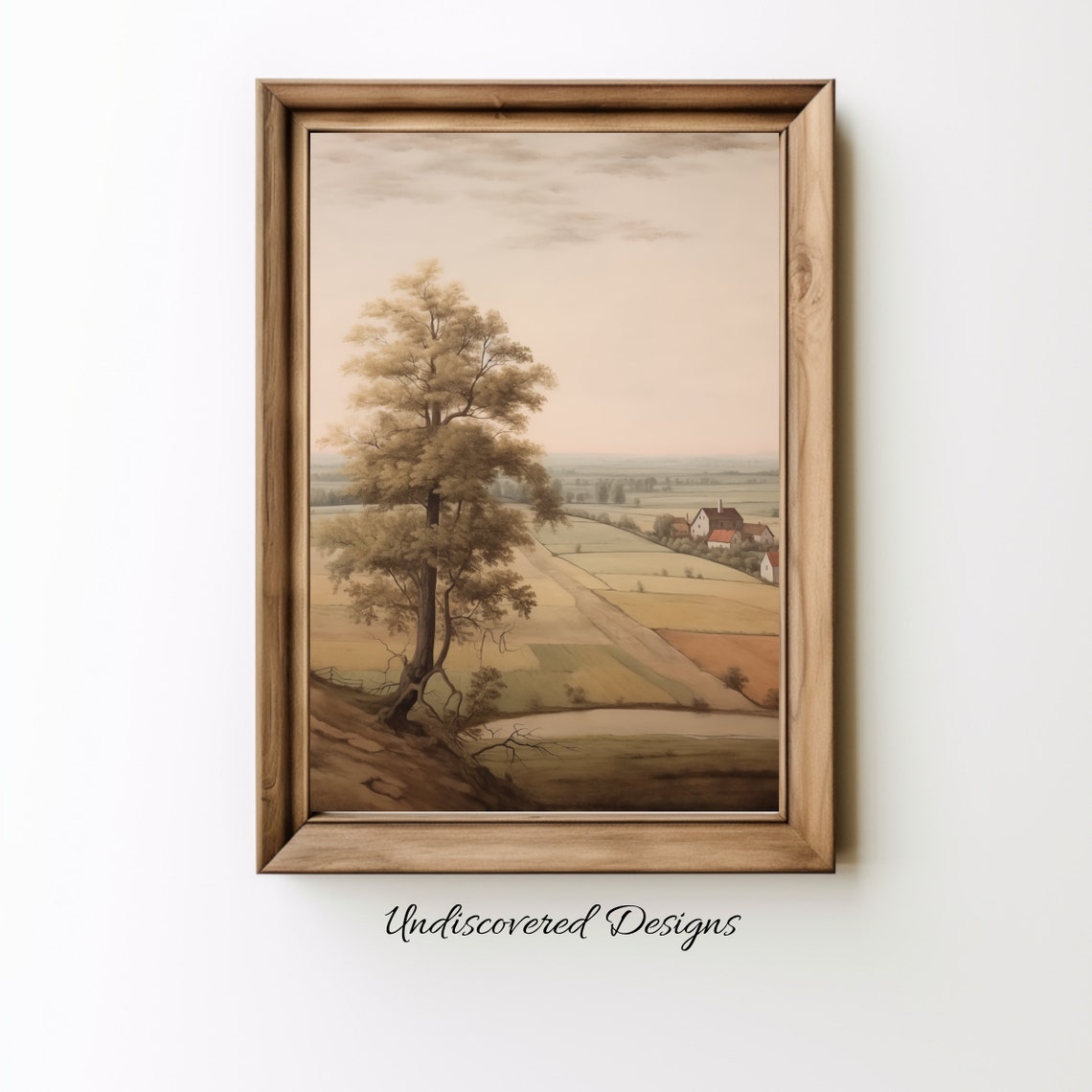 Muted Farm Countryside Landscape Vintage Oil Painting Wall Art