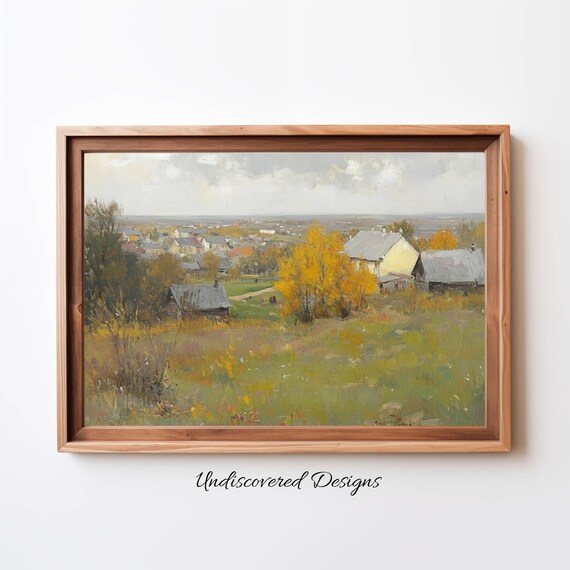 Vintage Autumn Village Golden Fall Hills Oil Painting Landscape Poster