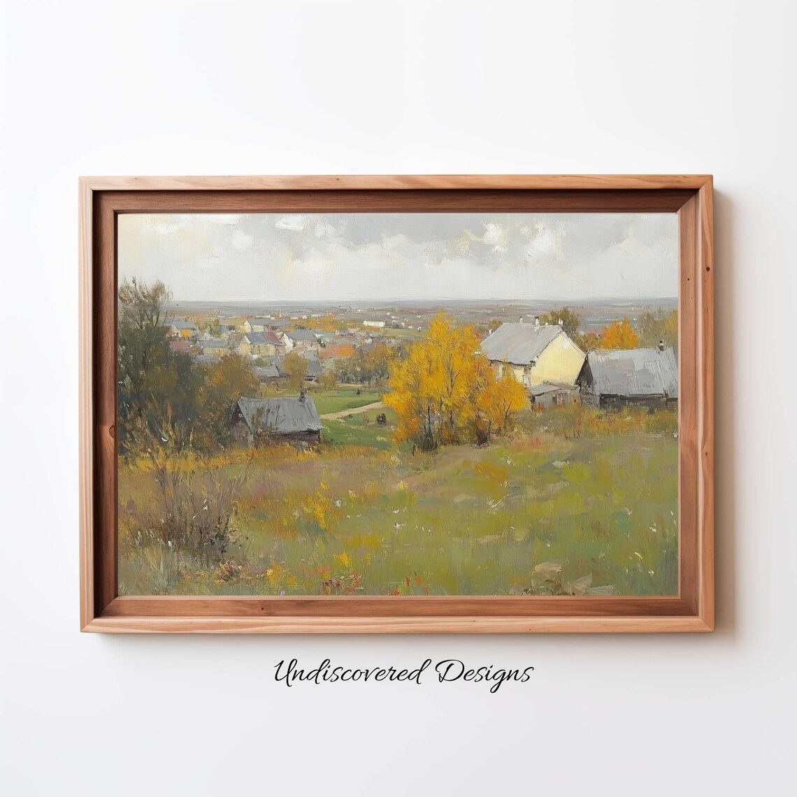 Vintage Autumn Village Golden Fall Hills Oil Painting Landscape Poster