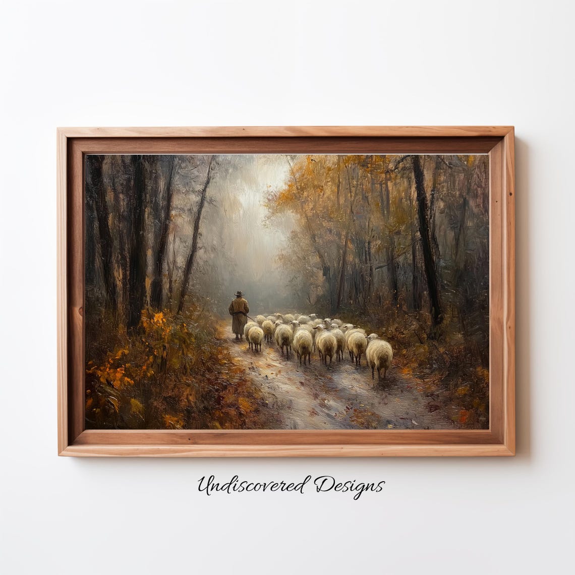 Shepherd Leading Sheep Through Misty Autumn Forest Oil Painting Poster