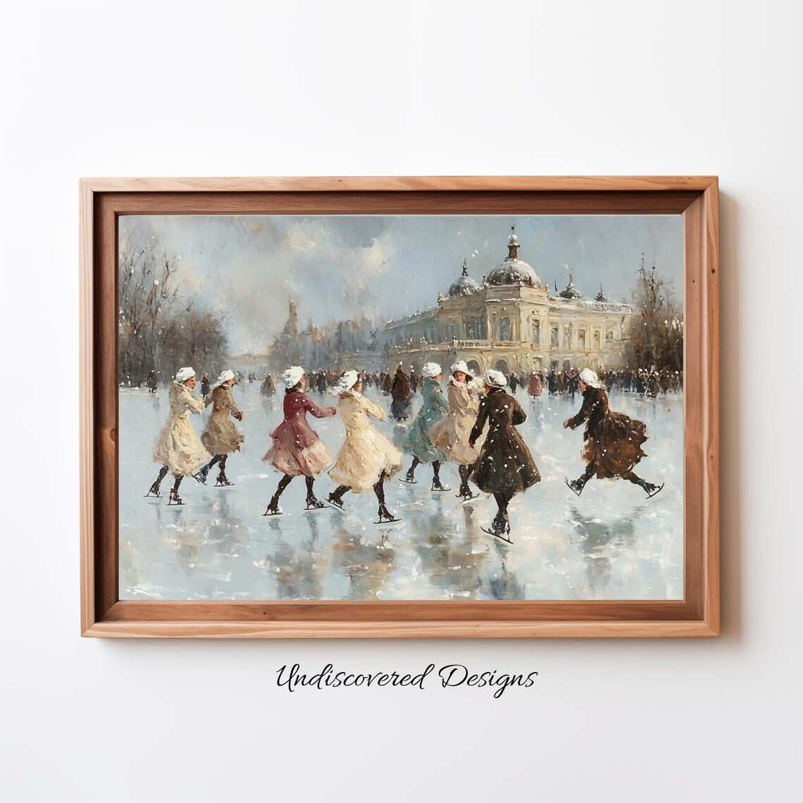Vintage Winter Ice Skating Scene Oil Painting City Rink Poster
