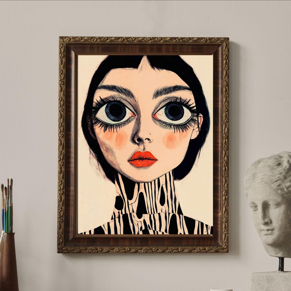 Nearsighted Stylized Woman Huge Eyes Red Lips Bold Art Portrait Print