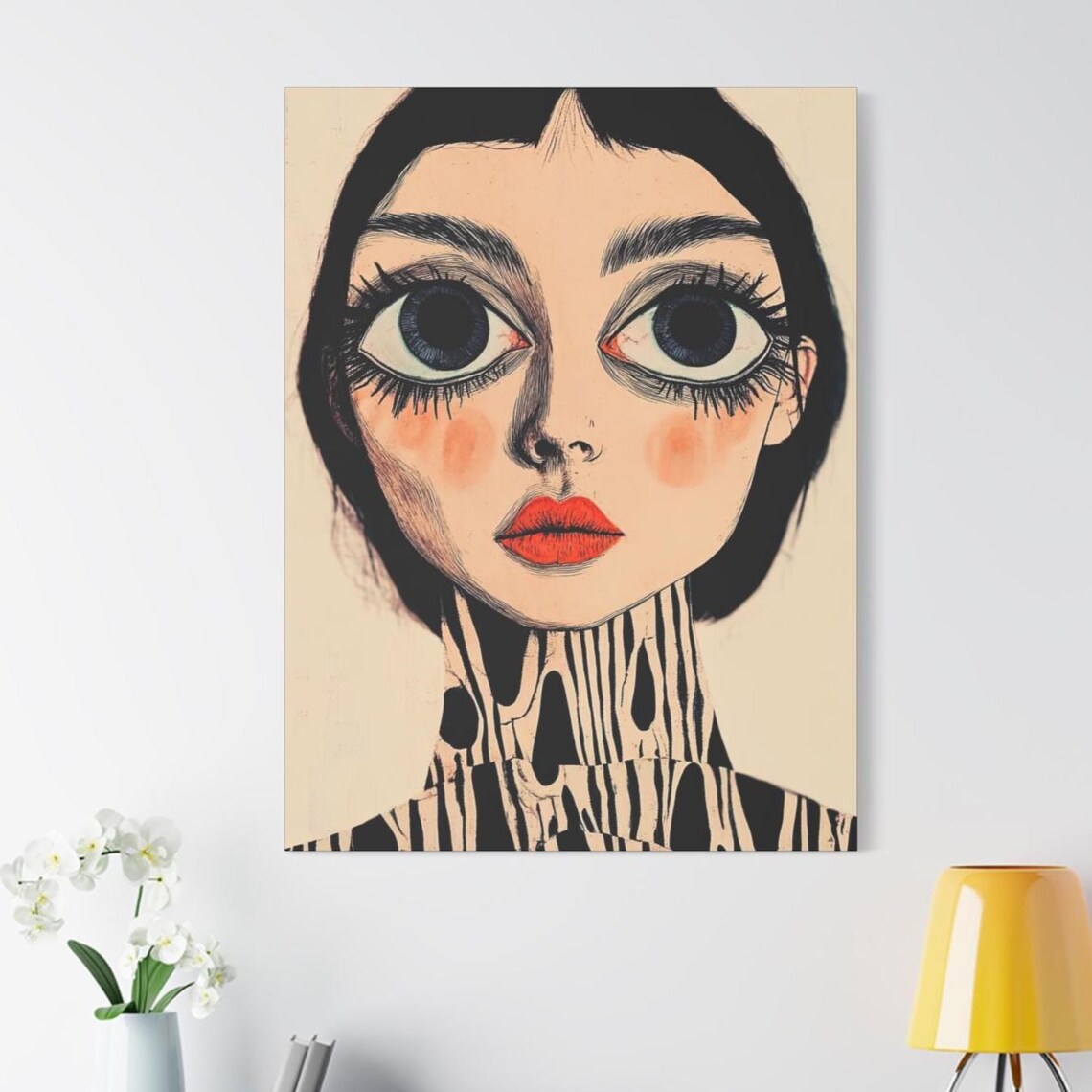 Whimsical Wide Eyed Woman Red Lips Quirky Pop Portrait Poster