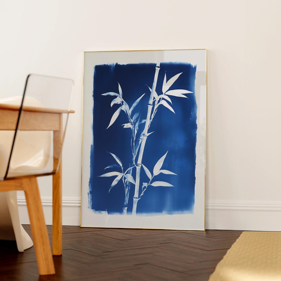 Bamboo Cyanotype Botanical Poster White on Deep Blue Nature Decor