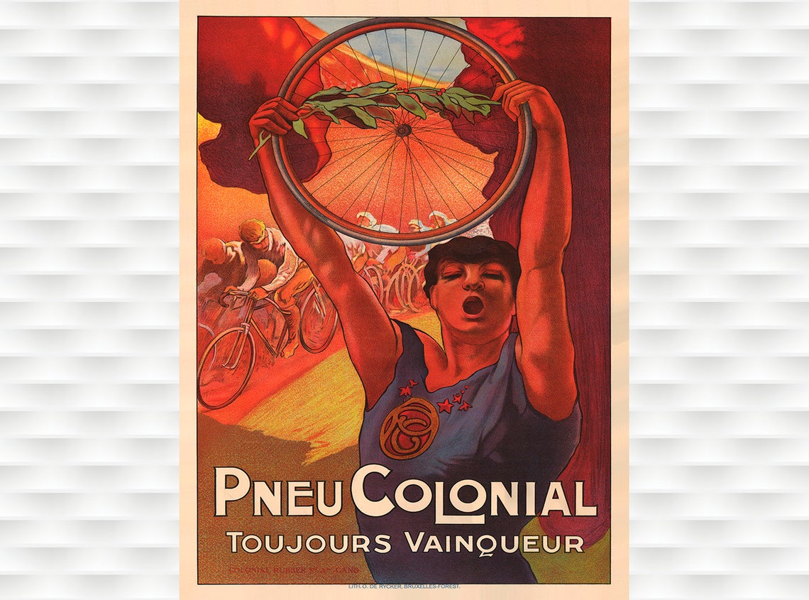 Pneu Colonial Toujours Vainqueur Victorious Cyclist Red Vintage Poster