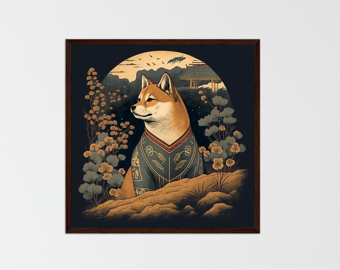 Shiba Inu Dog, Vintage Japanese Landscape Art Print