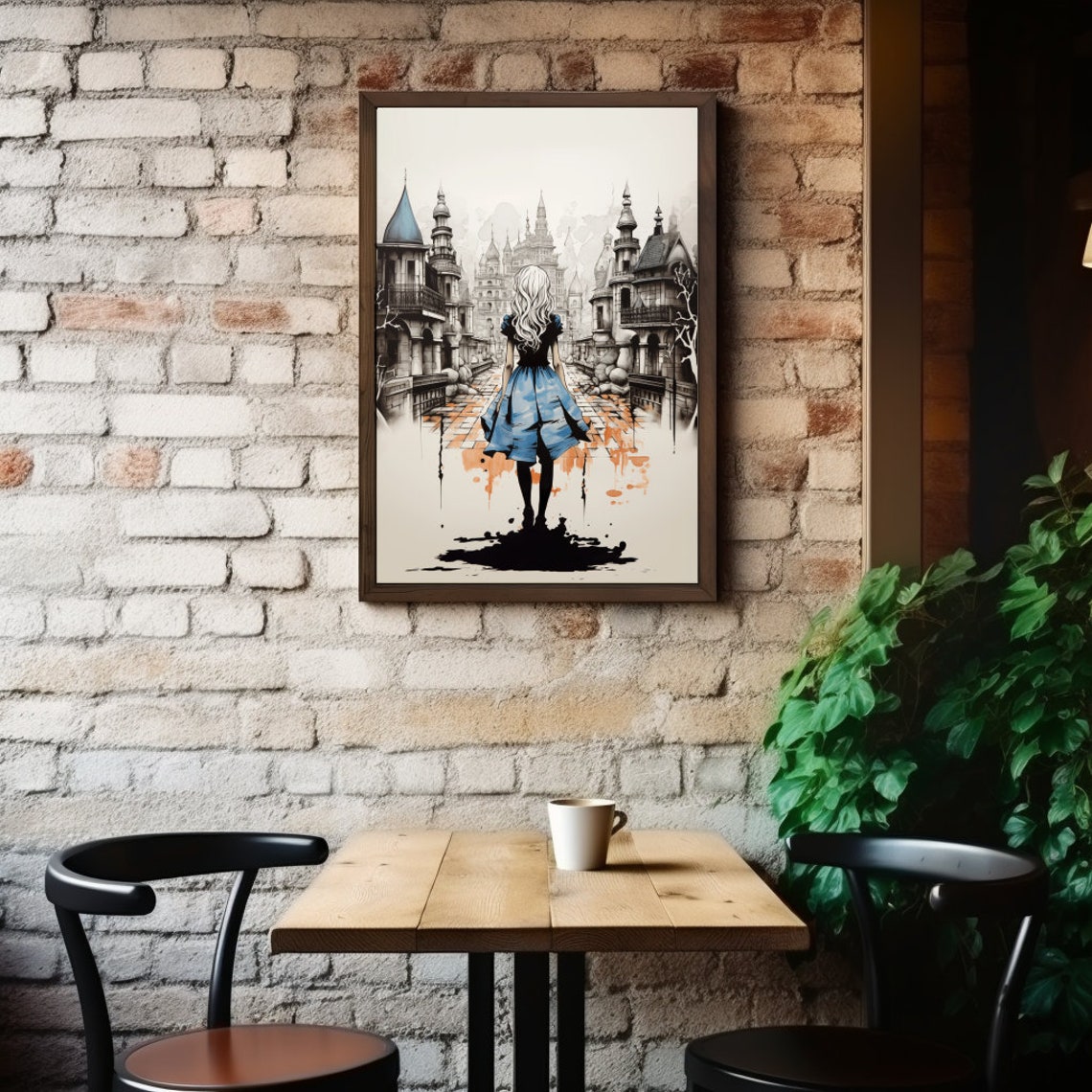 Alice Medieval Wonderland Print Dark City Girl Wall Art Gothic Watercolor Ink Painting New Home Gift Fantasy Poster Cityscape - Image 4