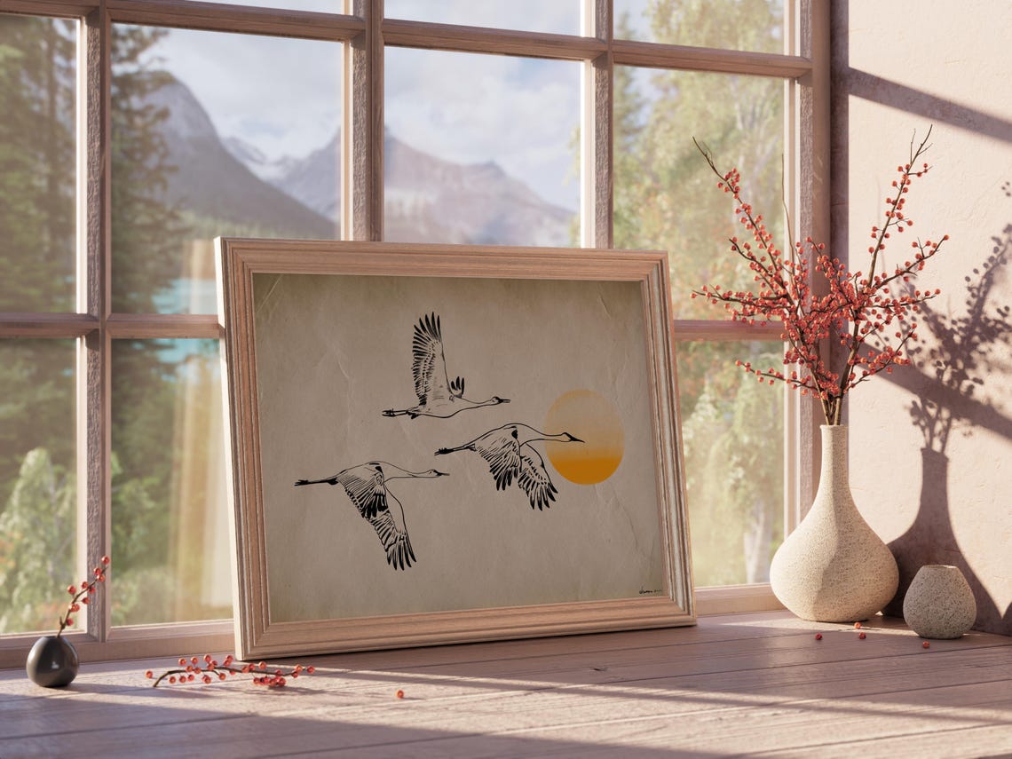 Flying Cranes Sunset Japanese Ink Art Bird Flock Minimalist Poster - Image 5