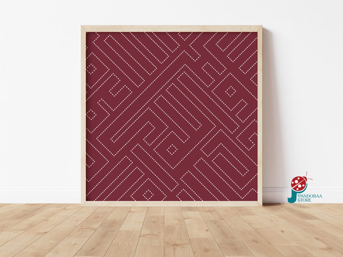 Burgundy White Dashed Maze Square Geometric Bold Modern Art Poster