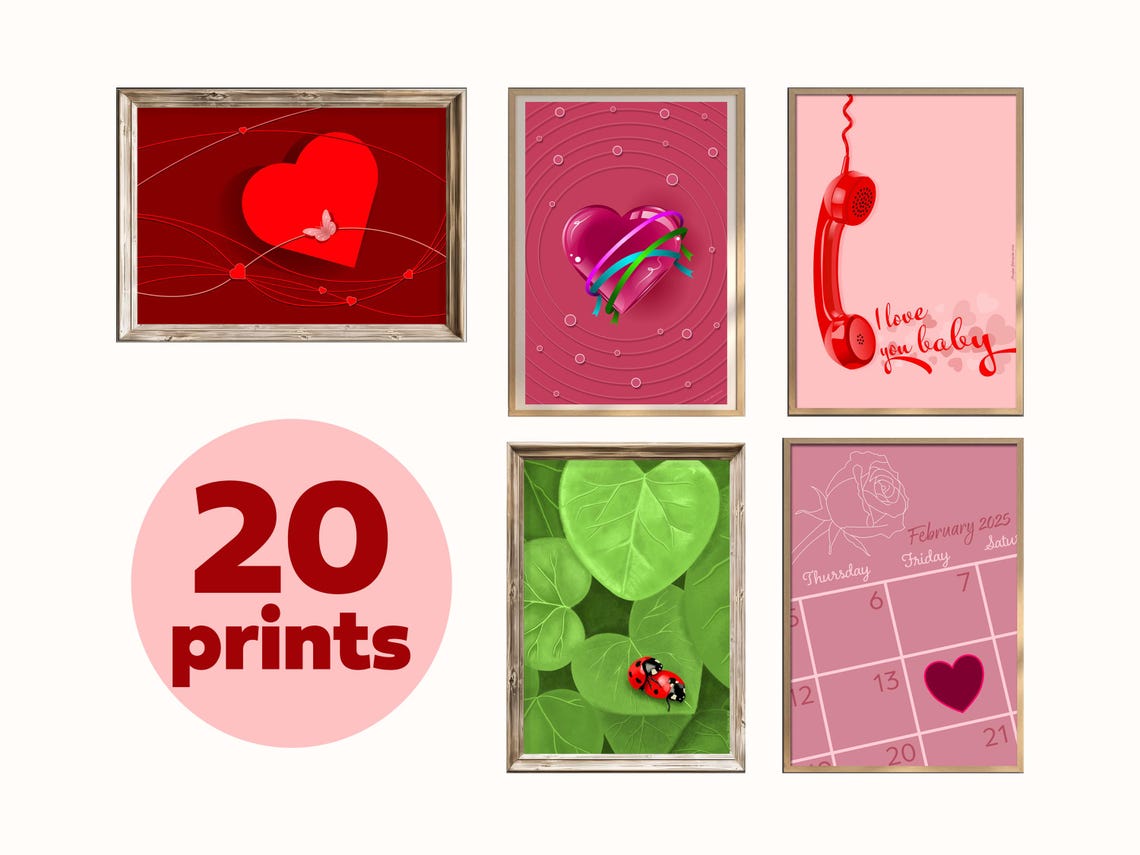 Valentine's Day 20 Print Romantic Heart Bundle Instant Art Gift Set