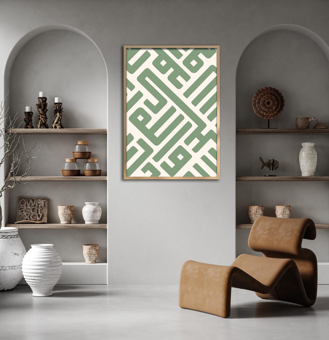 Green Geometric Maze Line Boho Minimalist Modern Abstract Art Poster - Image 2