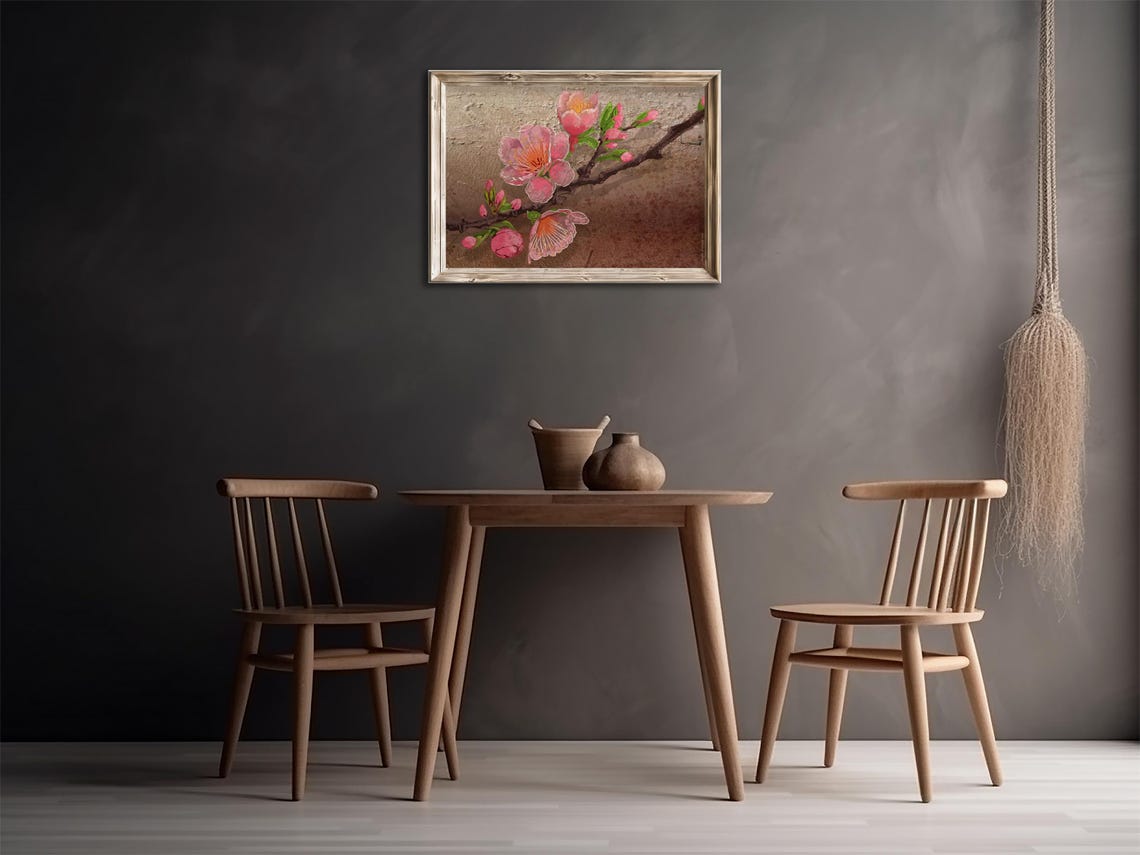 Pink Cherry Blossom Branch Textured Vintage Farmhouse Floral Poster - Image 2