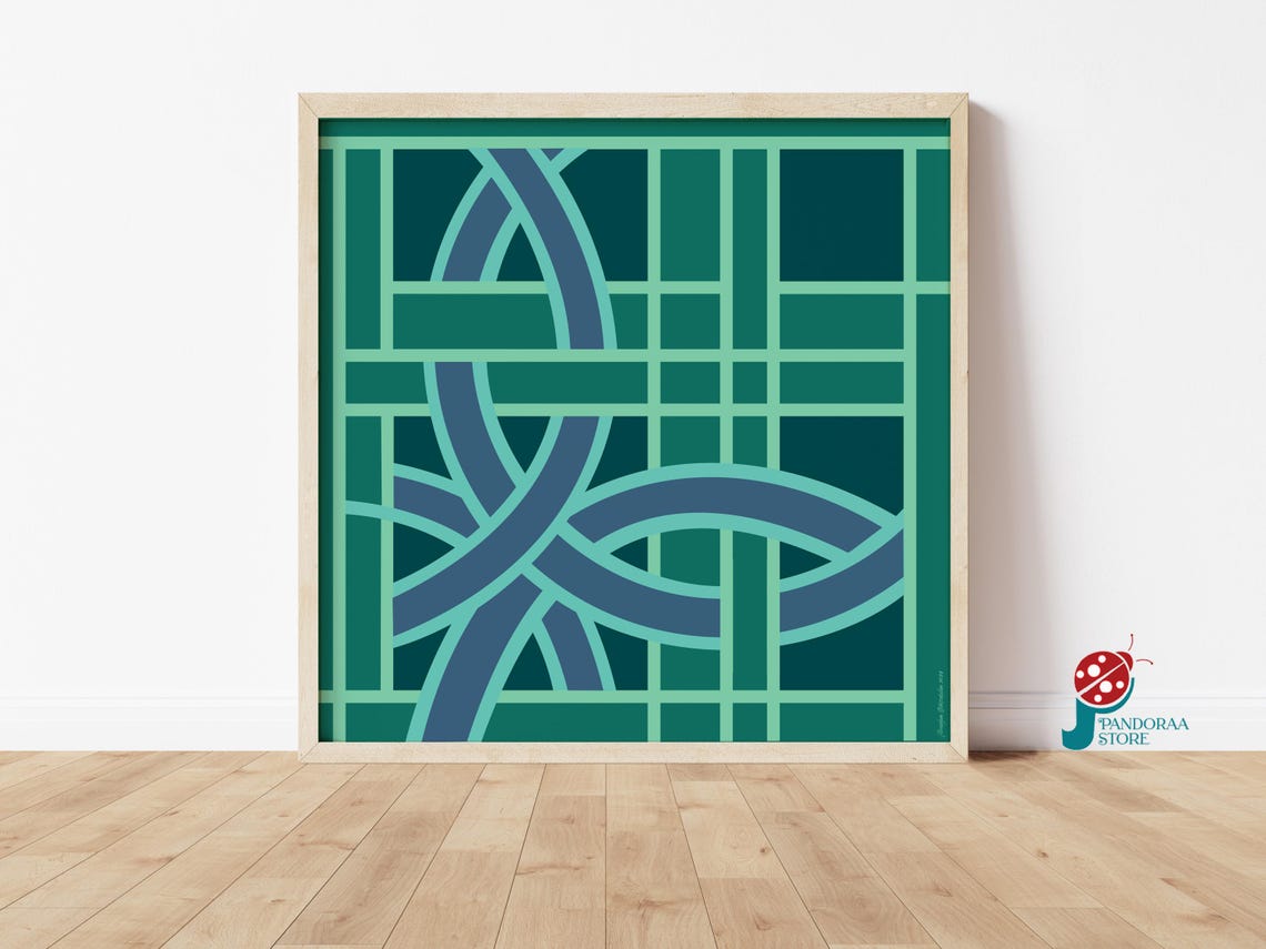 Modern Geometric Line Art Teal Blue Green Abstract Pattern Print