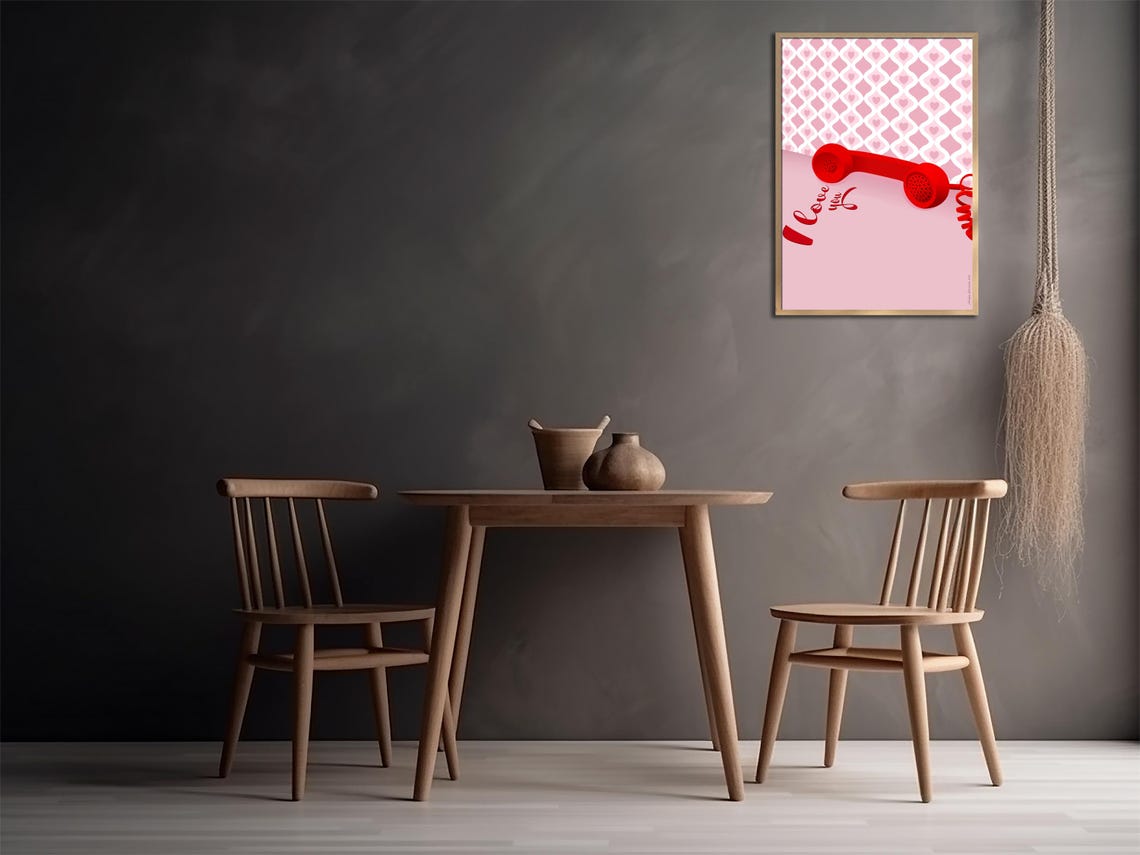 Retro Red Telephone I Love You Script on Pink Heart Pattern Poster - Image 2