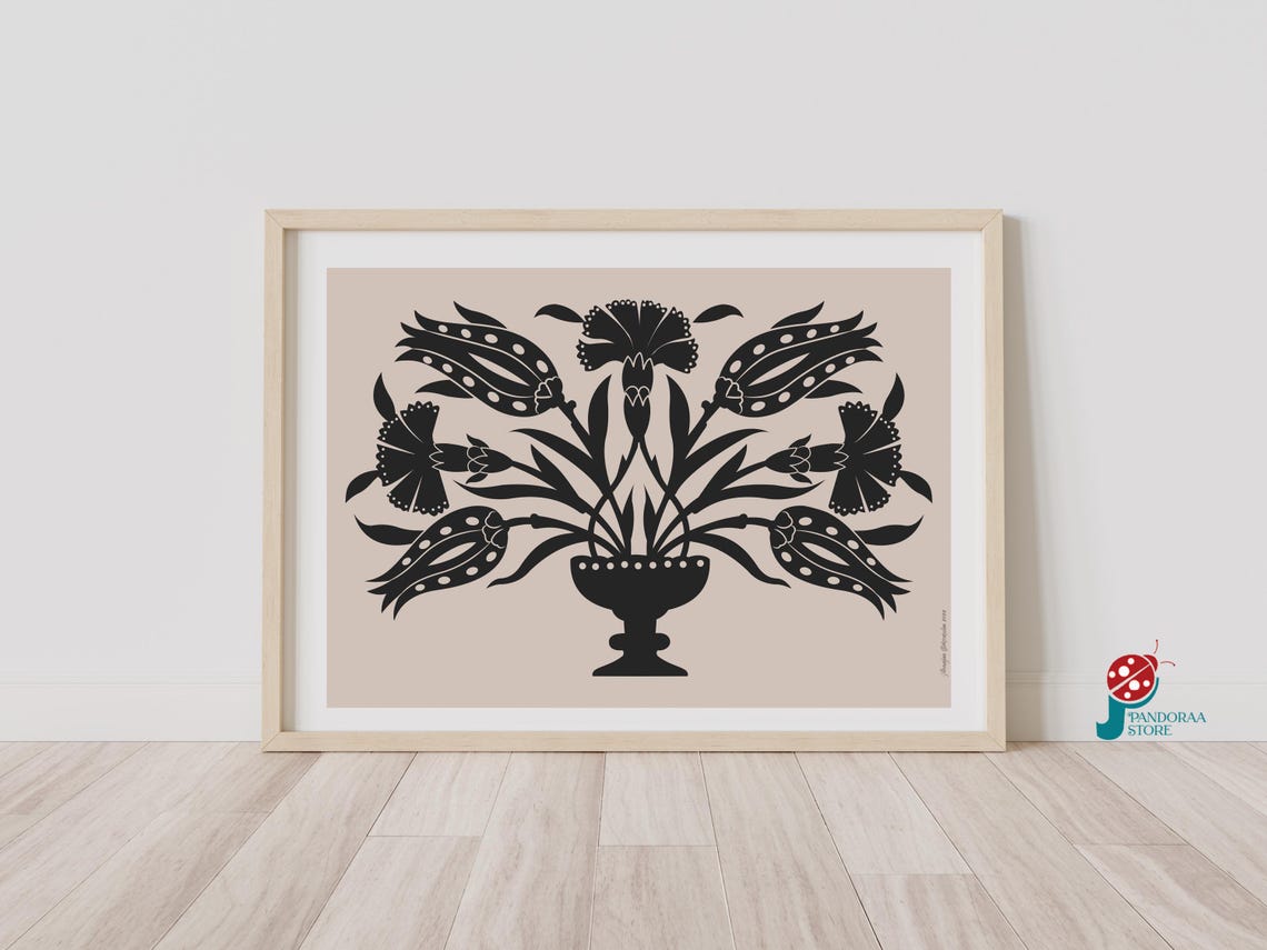 Black Beige Tulip Carnation Bouquet Urn Bold Folk Wall Art Print