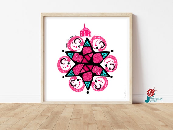 Pink Mosque Wall Art Mosque Poster Colourful Geometric Wall Decor Square Islamic Wall Prints