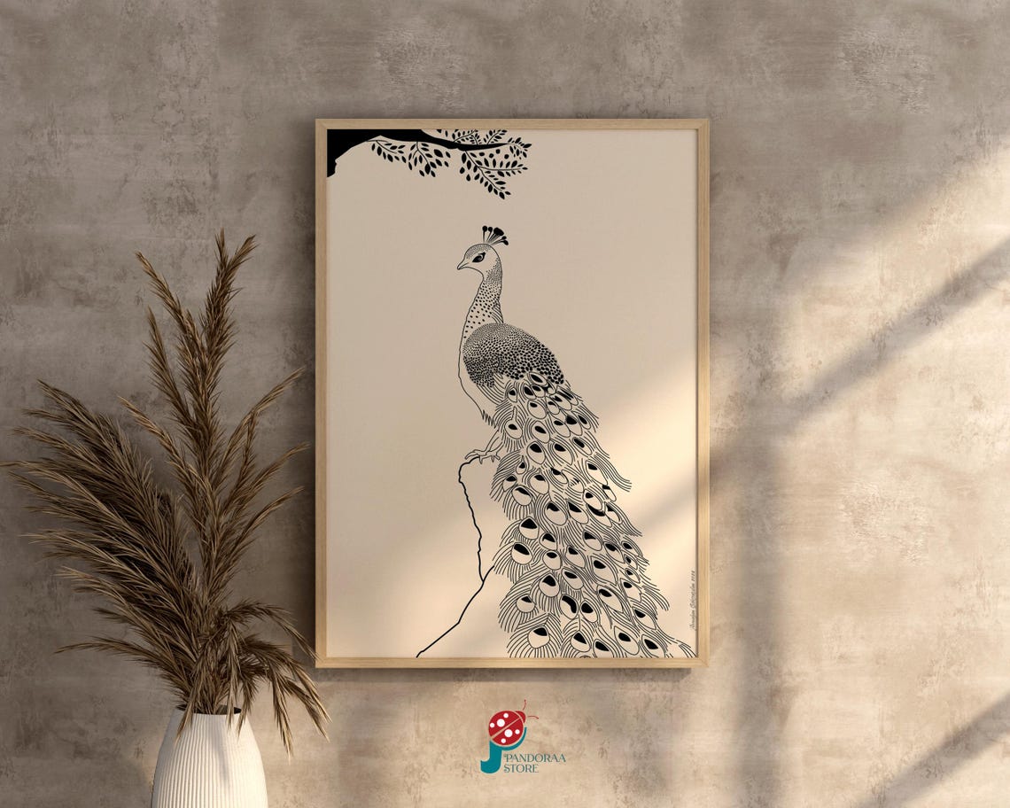 Peacock Line Art Black Beige Minimalist Bird Feather Elegant Wall Art