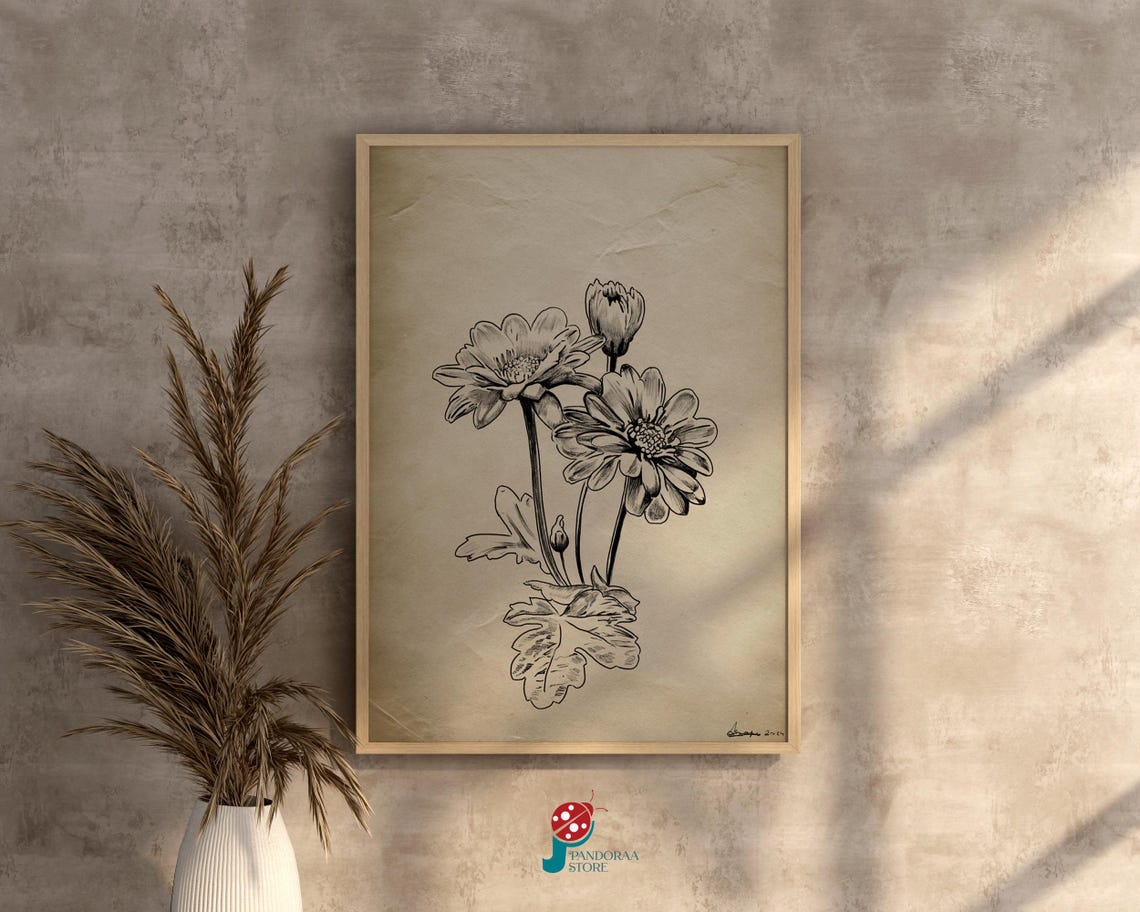 Black White Floral Line Sketch Vintage Botanical Daisy Wall Print