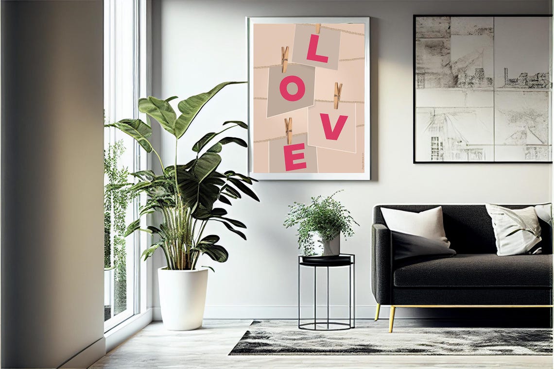 Pink Love Letters on String Clothesline Clips Romantic Wall Poster - Image 4