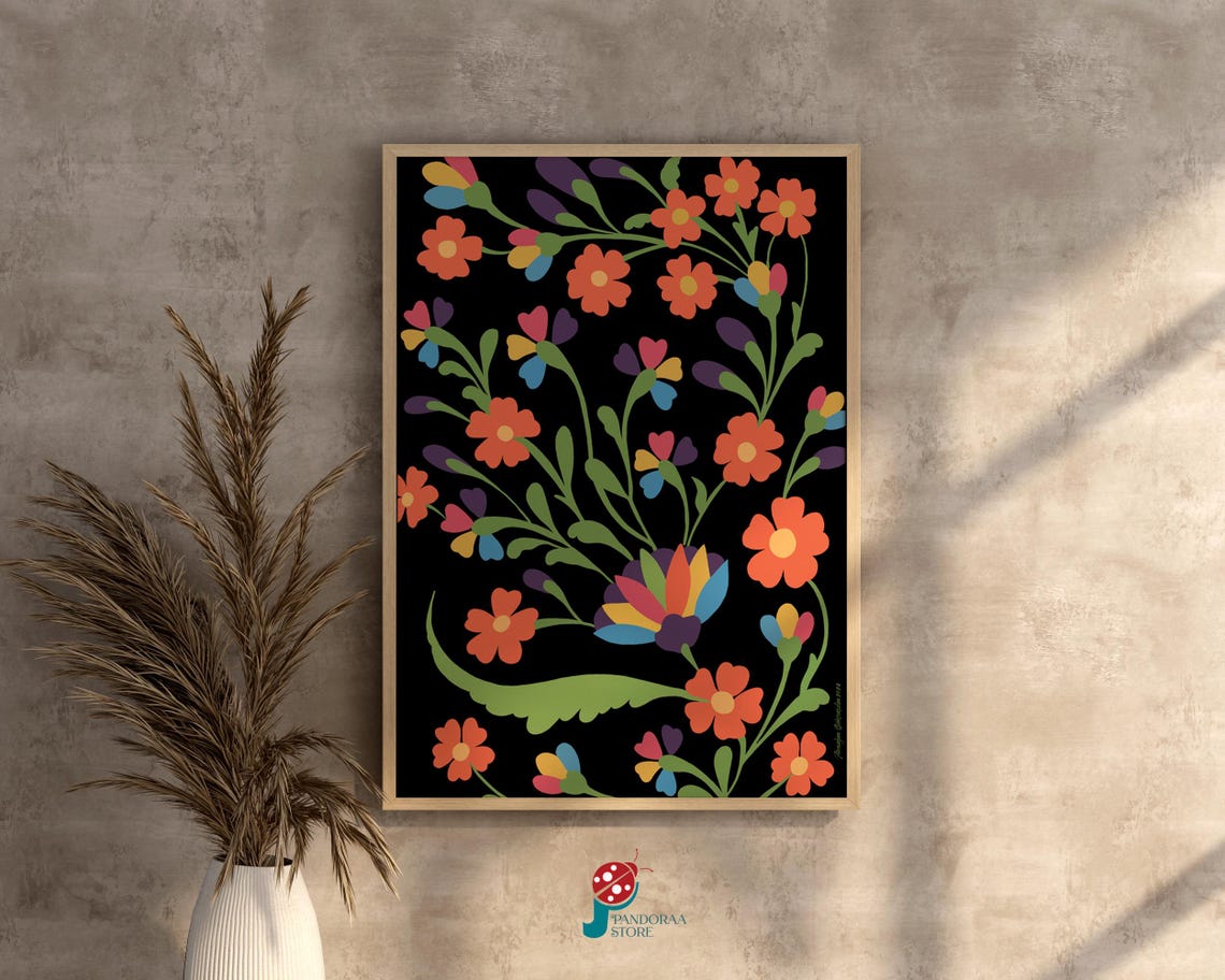 Vibrant Folk Floral Pattern Bright Blossoms on Black Wall Poster