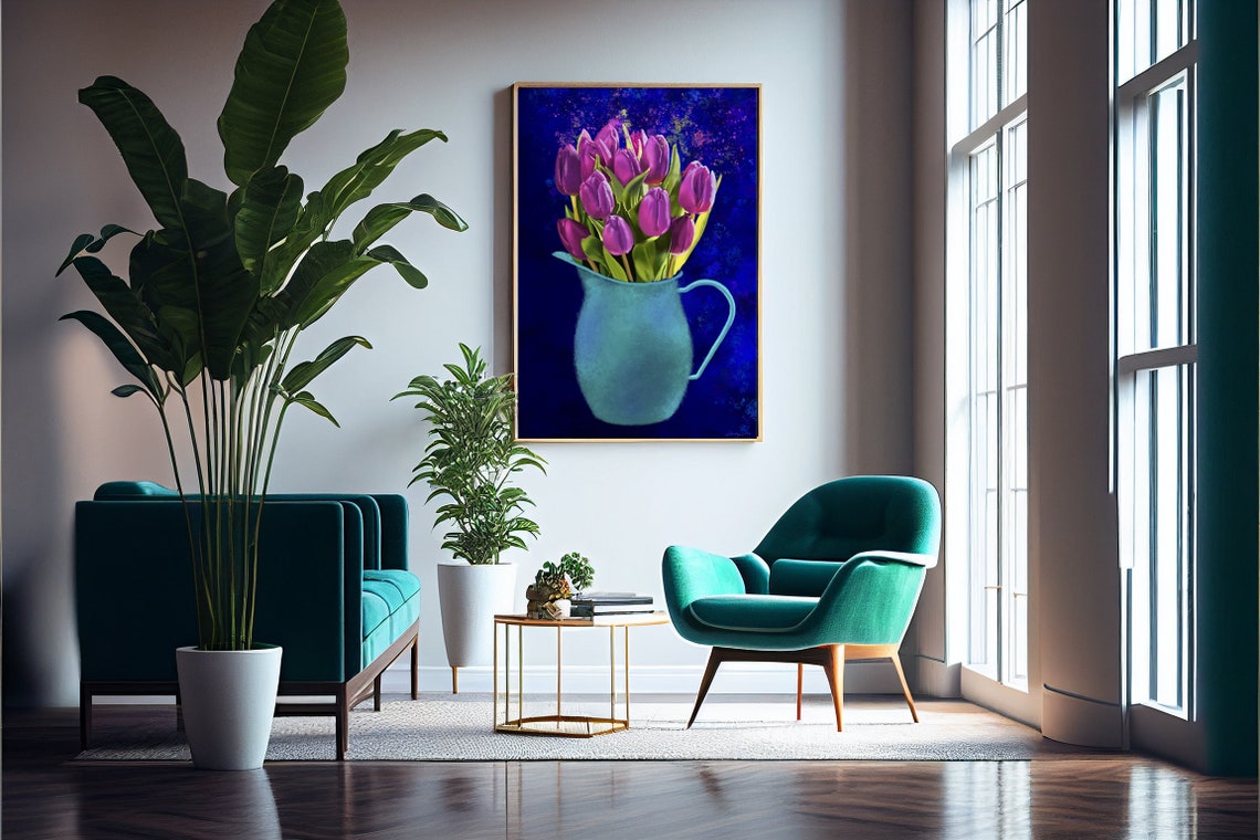 Magenta Tulips in Turquoise Pitcher on Navy Background Poster - Image 4