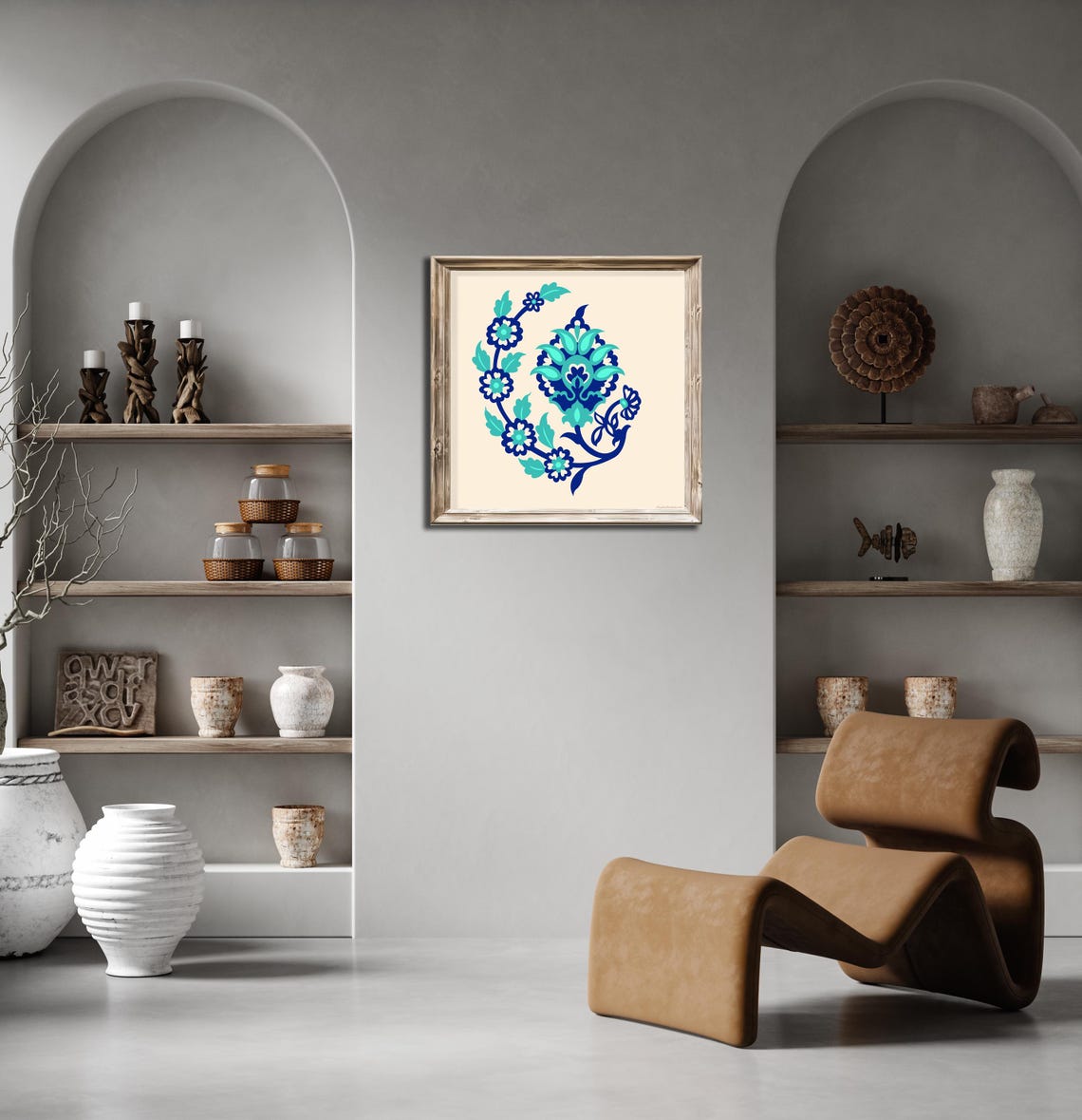 Blue Floral Folk Art Square Motif Navy Turquoise Tile Style Print - Image 2