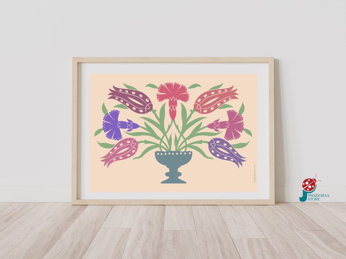 Pastel Tulip Carnation Bouquet Blue Urn Peach Folk Wall Art Print