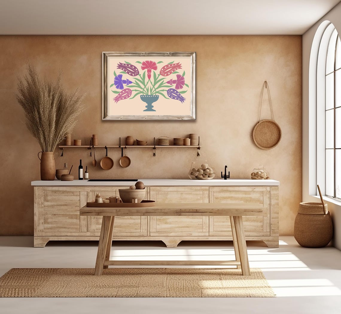 Pastel Tulip Carnation Bouquet Blue Urn Peach Folk Wall Art Print - Image 2