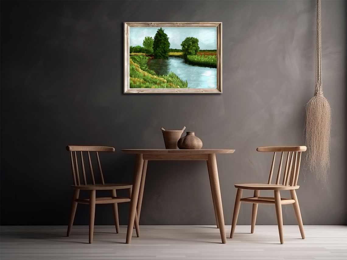 Vintage Lake And Forest Wall Art Landscape Oil Painting Print Green Pastoral Landscape Art Print Jpg Art - Image 3