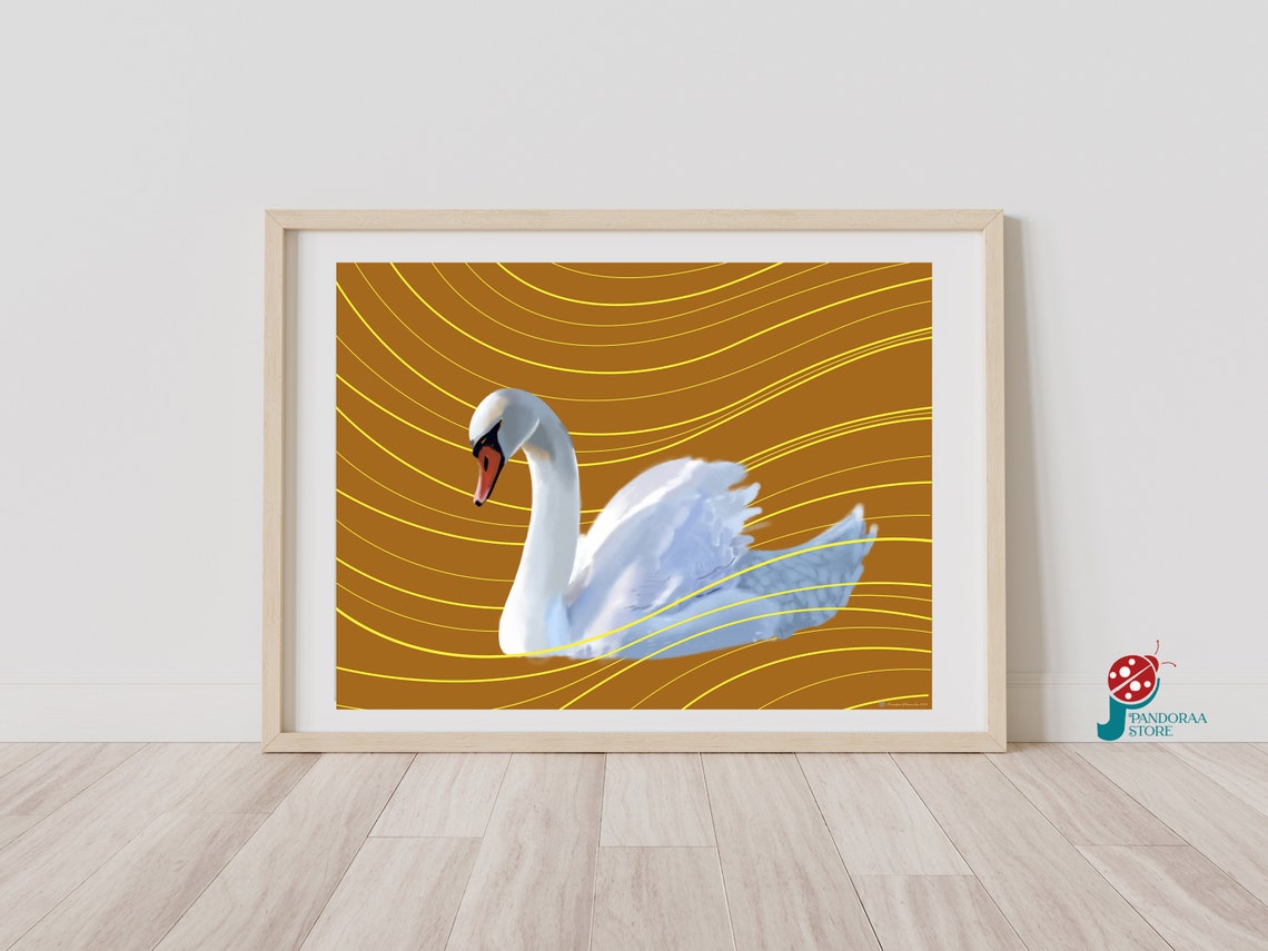 Elegant White Swan on Golden Brown Wavy Line Background Wall Poster