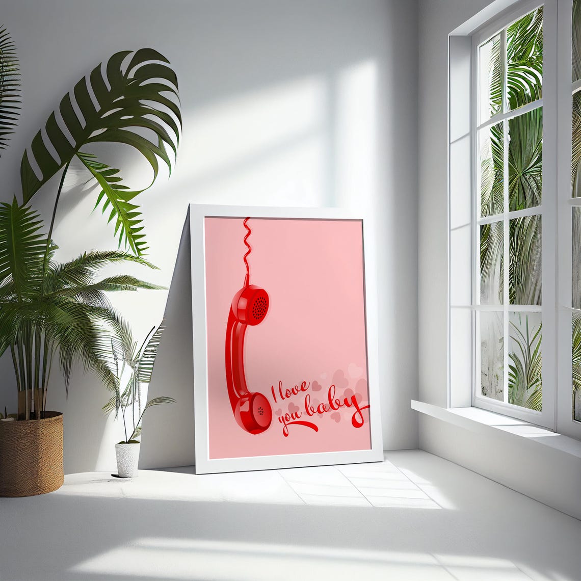 Vintage Retro Red Phone I Love You Baby Script Pink Wall Poster - Image 5