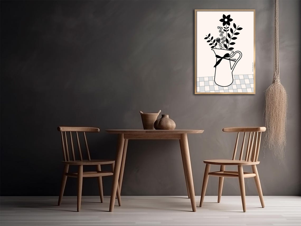 Black Floral Pitcher Line Art Bouquet Ribbon Minimalist Decor Poster - Image 3