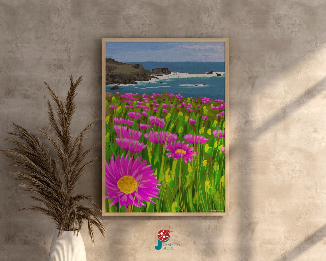 Pink Wildflower Field Rocky Coast Ocean View Coastal Wall Poster