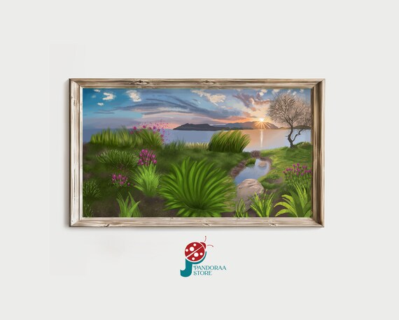 Coastal Sunset Bay Pink Wildflowers Lone Tree Calm Waterscape Poster