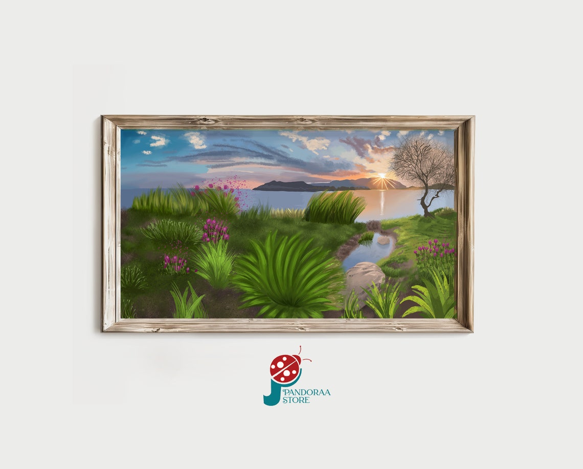 Coastal Sunset Bay Pink Wildflowers Lone Tree Calm Waterscape Poster