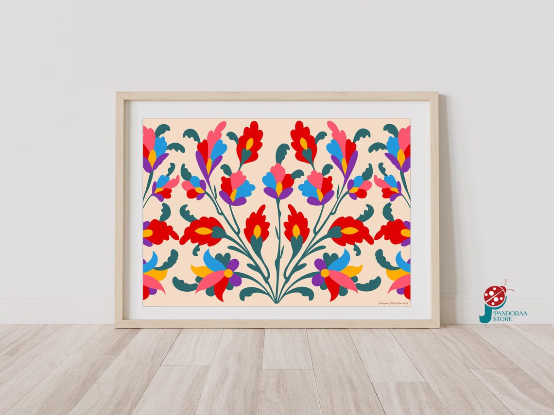 Colorful Bohemian Folk Floral Pattern Red Blue Blossom Wall Poster