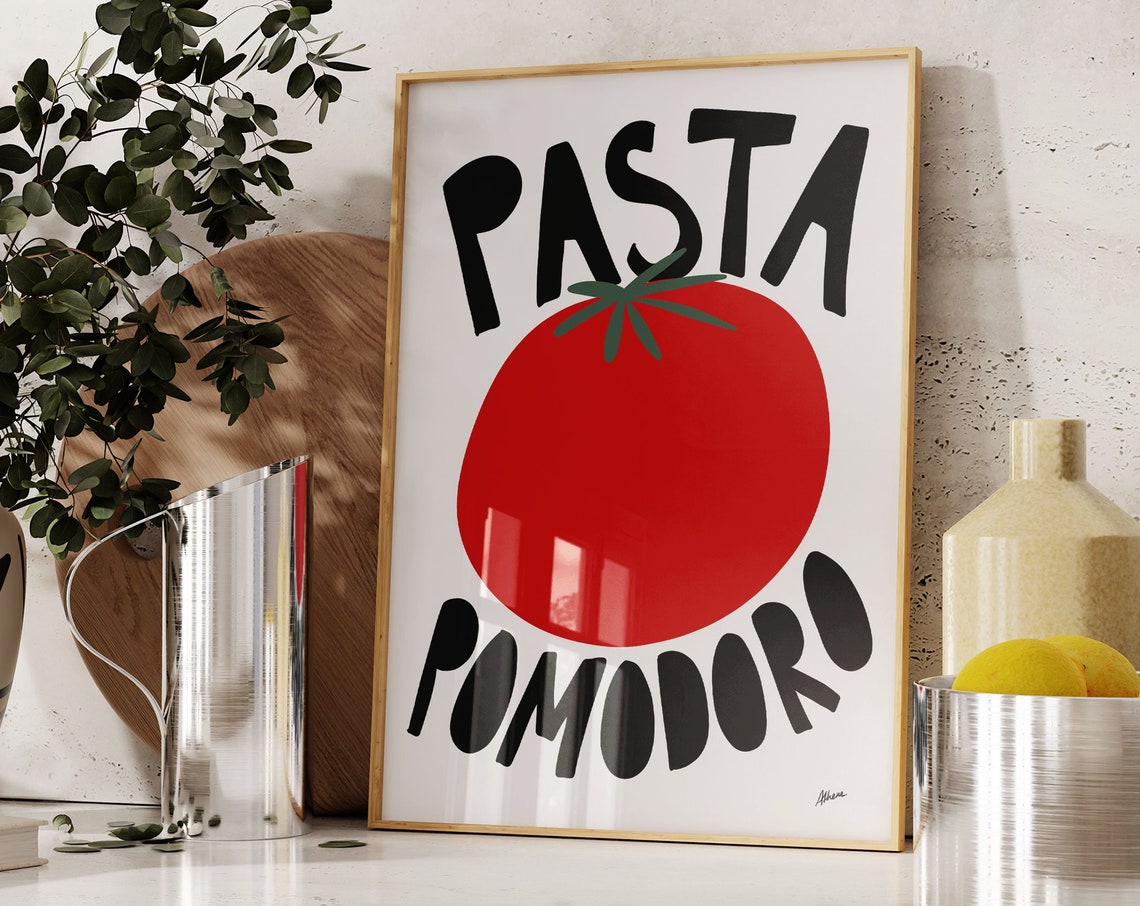 Pasta Pomodoro Tomato Mid Century Retro Kitchen Typography Poster