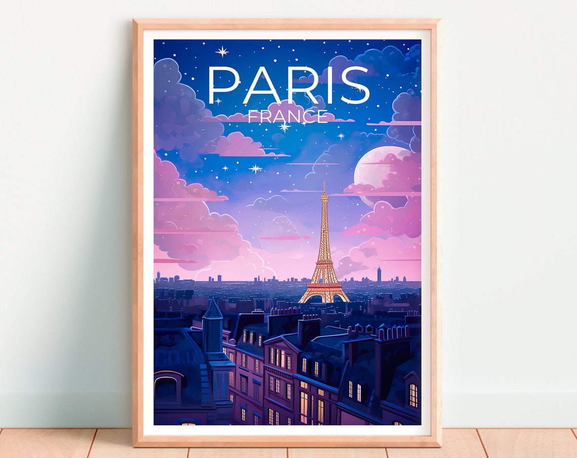 Paris France Eiffel Tower Night Rooftops Starry Sky Moon View Poster - Image 4