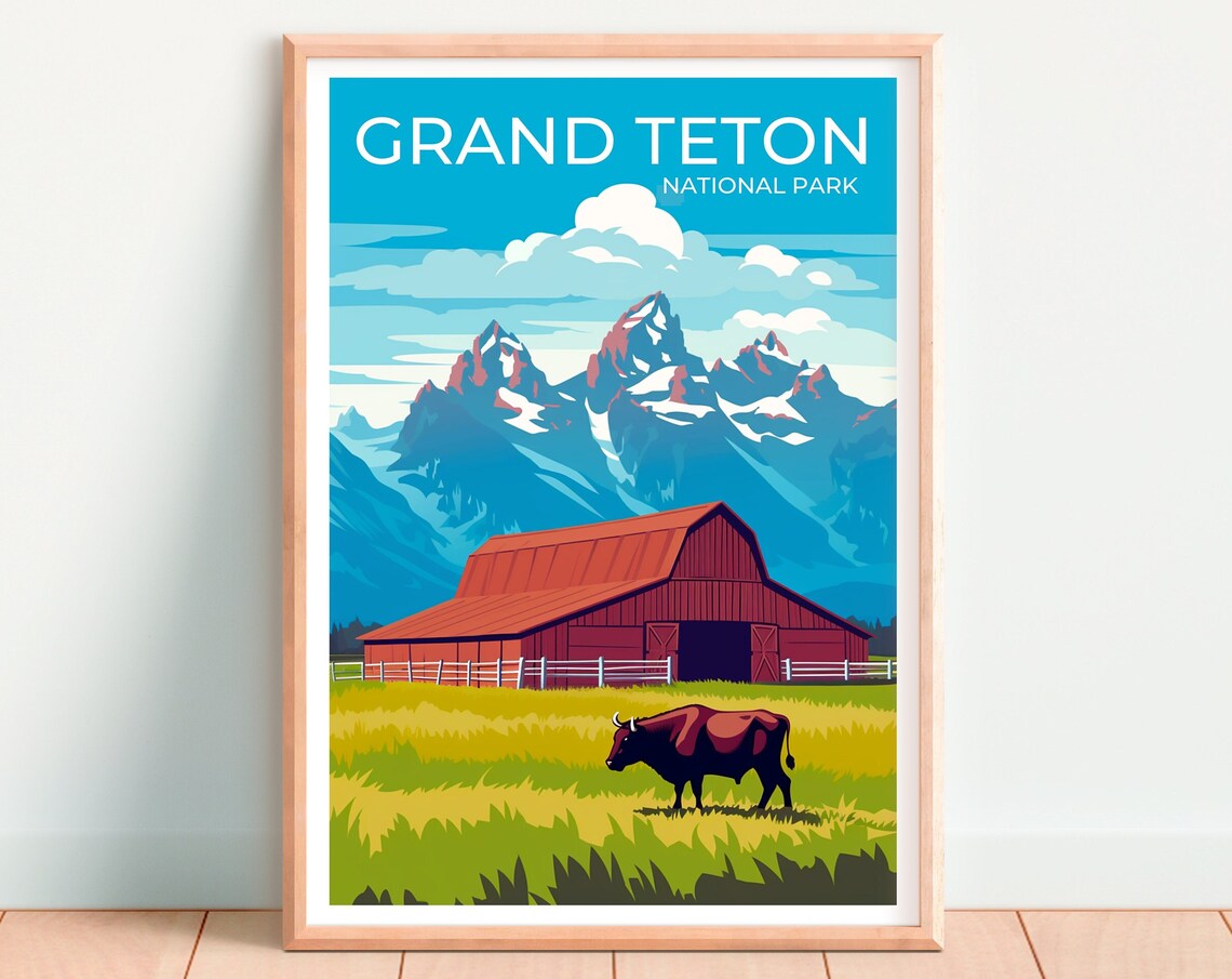 Grand Teton National Park Red Barn Bison Meadow Mountain View Poster - Image 4
